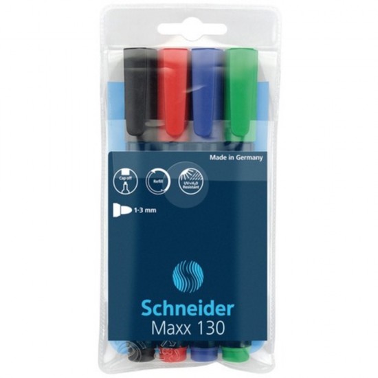 Marker permanent SCHNEIDER Maxx 130, varf rotund 1-3mm, 4 culori/set - (N, R, A, V)