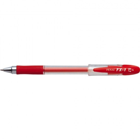 Pix cu gel PENAC FX-1, rubber grip, 0.7mm, con metalic, corp transparent - scriere rosie