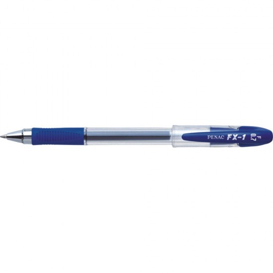 Pix cu gel PENAC FX-1, rubber grip, 0.7mm, con metalic, corp transparent - scriere albastra