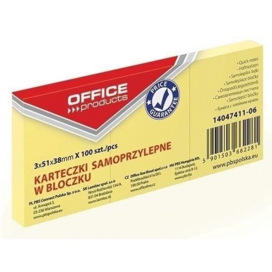Notite adezive OFFICE Products, 38 x 51 mm, galben pal, 100 file