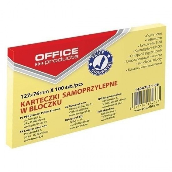 Notite adezive OFFICE Products, 76 x 127 mm, galben pal, 100 file