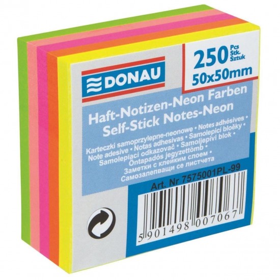 Cub notite adezive DONAU, 50 x 50 mm, 250 file, 5 culori neon