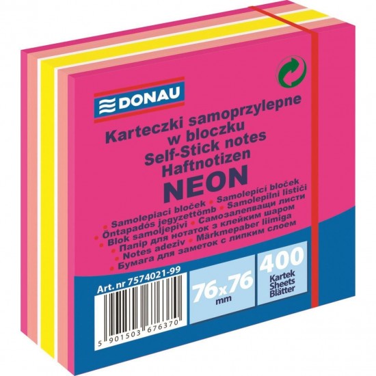 Cub notite adezive DONAU, 76 x 76 mm, 400 file, roz mixat, 5 culori neon/pastel