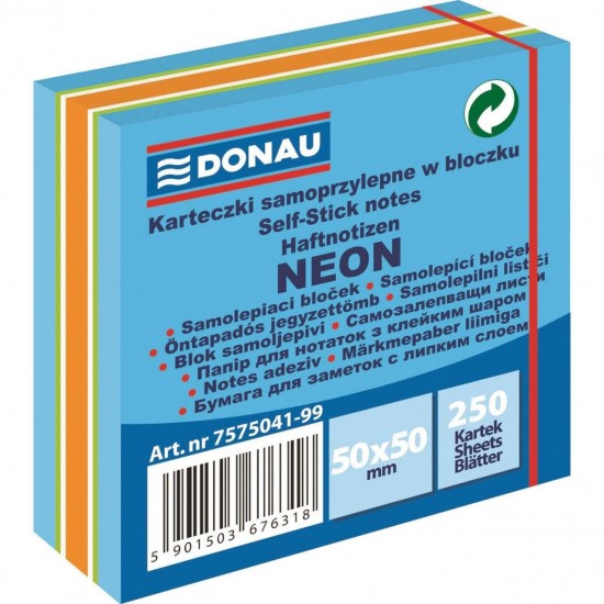 Cub notite adezive DONAU, 50 x 50 mm, 250 file, albastru mixat, 3 culori neon/pastel