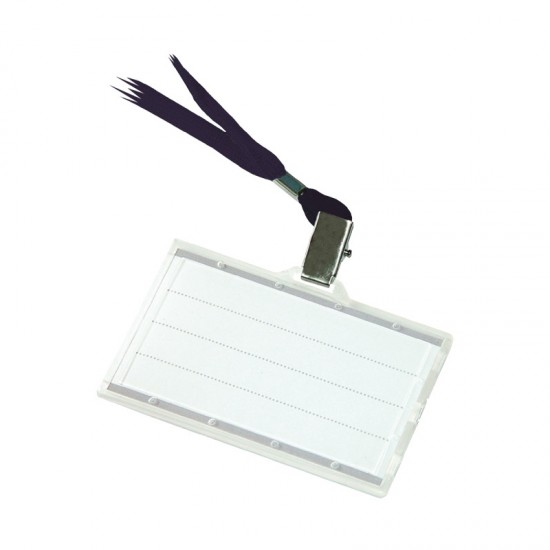 Ecuson orizontal DONAU cu snur textil negru (51 cm) si clips (tip crocodil), plastic rigid, 85 x 50 mm