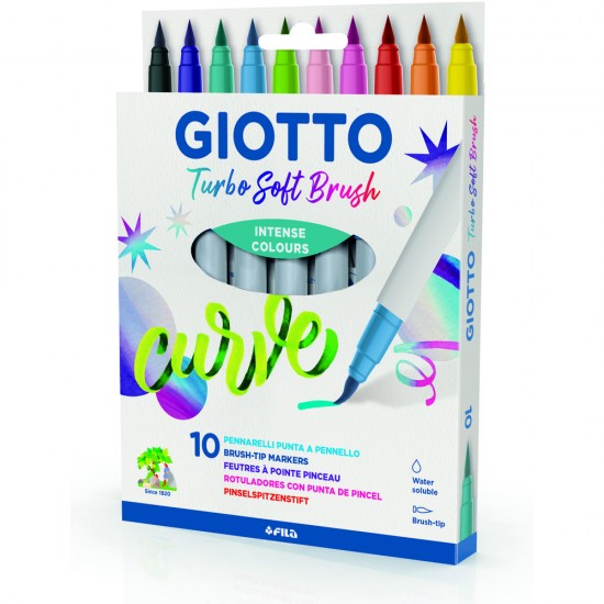 Carioca, varf flexibil (tip pensula), 10 culori/cutie, GIOTTO Turbo Soft Brush - culori intense