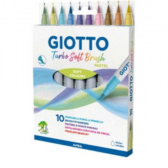 Carioca, varf flexibil (tip pensula), 10 culori/cutie, GIOTTO Turbo Soft Brush - culori pastel