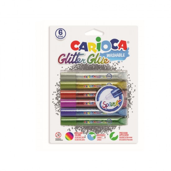 Lipici Glitter, lavabil, 6 culori/blister, CARIOCA Glitter Glue Spark