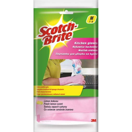 Manusi pentru uz in bucatarie, cu rubber grip, culoare roz, 3M SCOTCH BRITE Kitchen - marime M