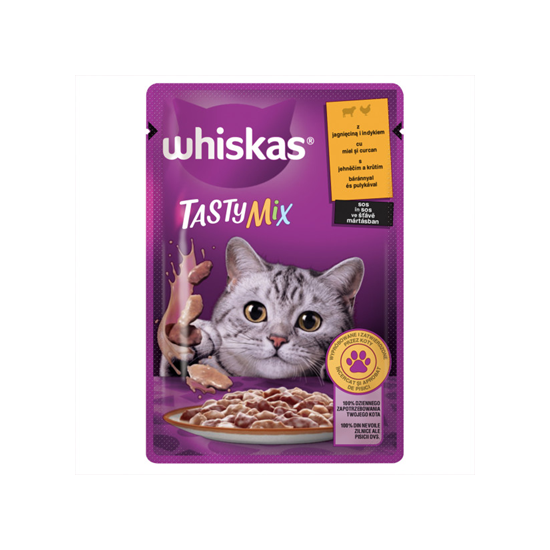 Whiskas Tasty Mix Hrană Umedă pentru Pisici Adulte cu Miel și Curcan în Sos, 85 g