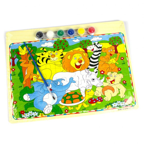 Set de colorat, puzzle din lemn 30*22.5cm, 40 de piese, 6 culori borcan si pensula