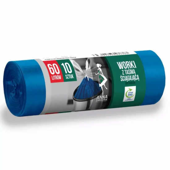Saci de gunoi menajer, 60 l, 10 buc, cu snur, albastru, ANA