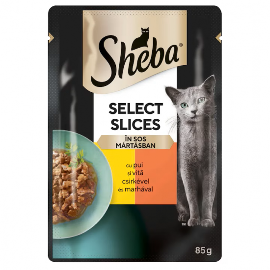 Hrana umeda pentru pisici adulte, Sheba, cu pui si vita in sos, 85 g