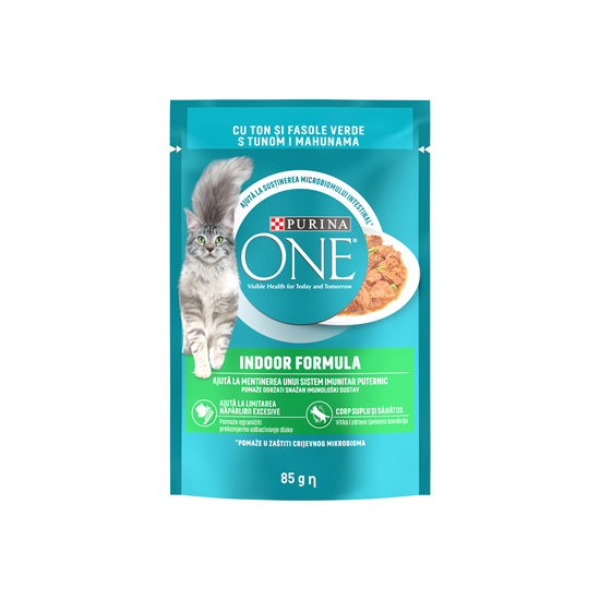 Hrana umeda pentru pisici Purina One Indoor, Mini Fileuri cu Ton & Fasole Verde, In Sos, 85g