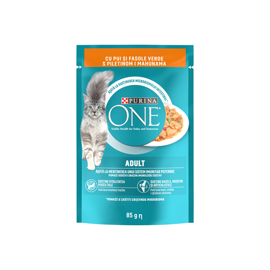 Hrana umeda pentru pisici Purina One Adult, Mini Fileuri cu Pui & Fasole Verde, In Sos, 85g