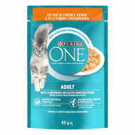 Hrana umeda pentru pisici Purina One Adult, Mini Fileuri cu Pui & Fasole Verde, In Sos, 85g