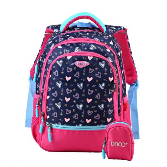 Ghiozdan 38 cm clasele I-IV albastru inchis/roz inimioare GH3005 DACO