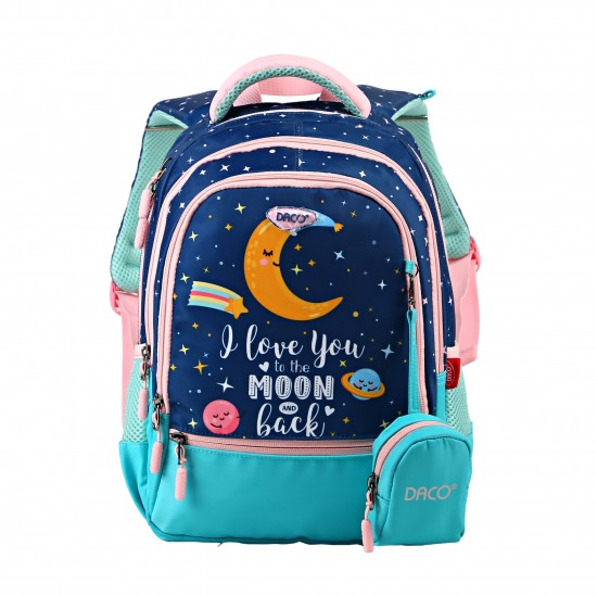 Ghiozdan 38 cm clasele I-IV albastru inchis/roz/turcoaz moon love GH3003 DACO