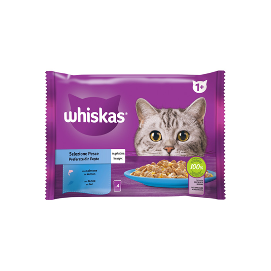 Whiskas Adult Hrană Umedă pentru Pisici, Selecție de Pește în Aspic, 4 x 85 g
