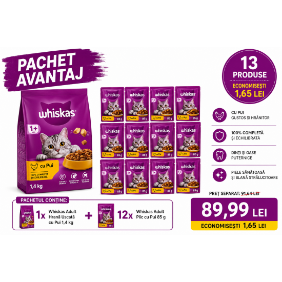 Pachet Avantaj Whiskas Adult cu Pui – Hrană Uscată 1,4 kg + 12 x Plic Hrană Umedă cu Pui 85 g