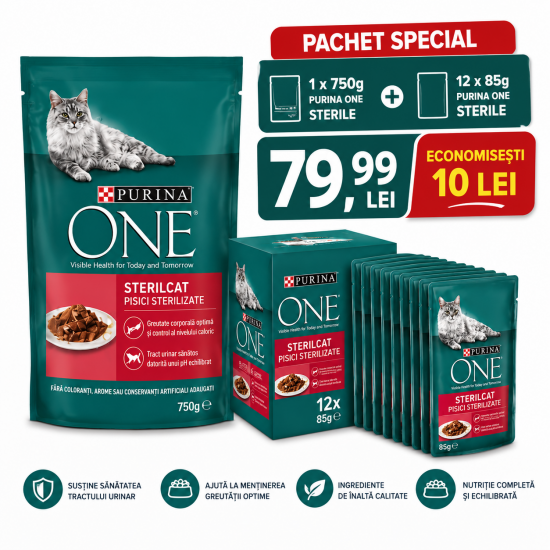 Pachet PURINA ONE Sterile – Hrană uscată 750 g + 12 x Plic Purina ONE Sterile 85 g