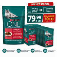 Pachet PURINA ONE Sterile – Hrană uscată 750 g + 12 x Plic Purina ONE Sterile 85 g