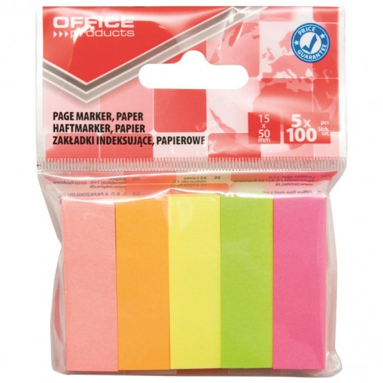 Page marker din hartie OFFICE Products, 15 x 50 mm, set 5 x 100 file pastel