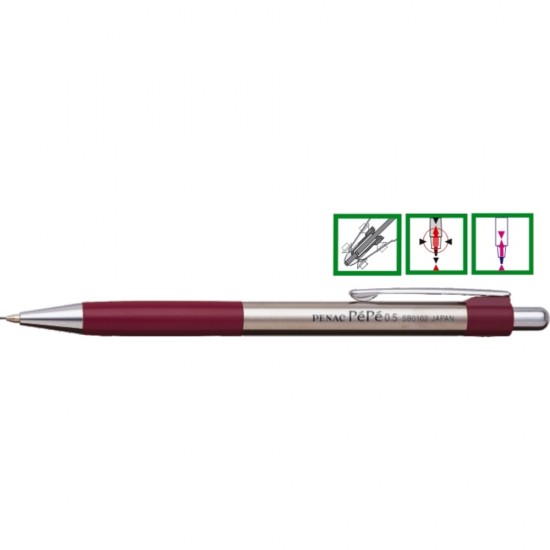 Creion mecanic metalic PENAC Pepe, rubber grip, 0.5mm, varf metalic - accesorii bordeaux